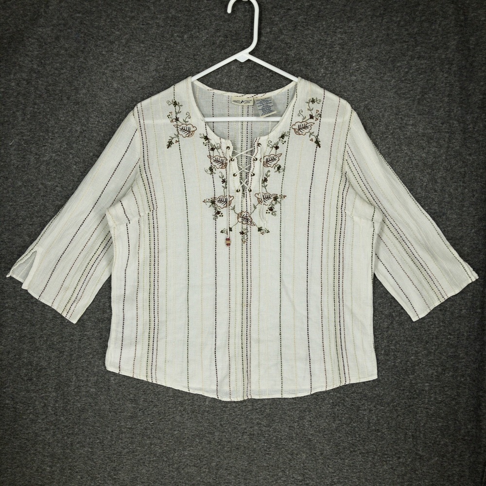Y2K White Stag Peasant Blouse Striped Embroidered Cotton Women's XL Tie Front